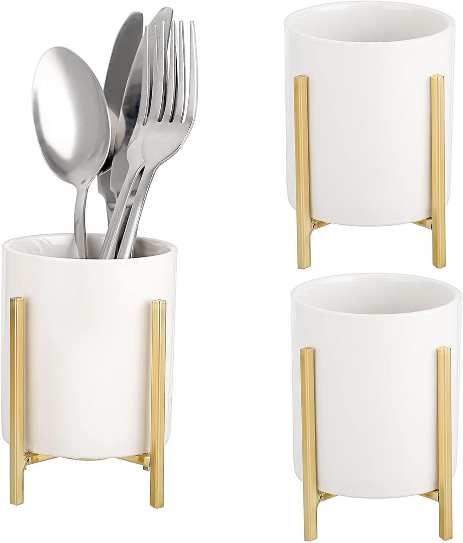 JUXYES Pack of 3 Ceramic Silverware Holder For Party Table, White Cutlery Holder Holder With Golden Metal Bracket, Small Flatware Caddy Organizer Utensil Holder Organizer for Kitchen Dining Tables