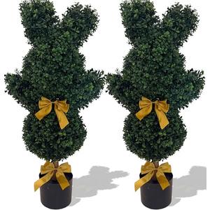 BLONYUVC Easter Bunny Topiary 36'' Artificial Bunny-Shaped Topiary Double Ball Tree Pot Easter UV-Resistant Bowknot Faux Boxwood Topiaries Plant for Porch Decor Outdoor/Indoor 2 Pack