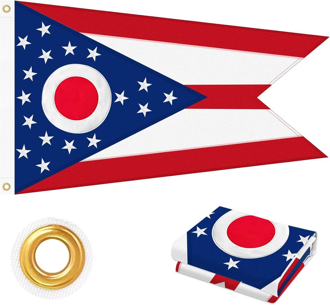 Ohio Flag 3x5 FT Outdoor, Double Sided Heavy Duty 210D Polyester Fabric, Embroidered Circle & Stars and 4 Rows Stitching Fly Ends with 2 Brass Grommets | State of Ohio OH Flag for Indoor Home Wall