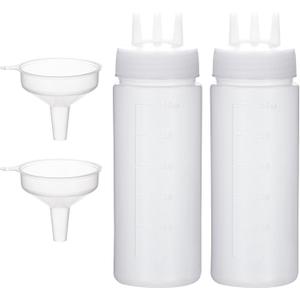 3 Hole Squeeze Bottle for Sauces, Plastic Squeeze Condiment Bottles Tomato Sauce Dispensers for Ketchup BBQ Dressing Paint Workshop Pancake Art Craft with 2 Funnels (12oz-2pcs)