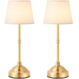 keysays 2 Pack Cordless Table Lamp, Rechargeable Desk Lamp with Fabric Shade, Battery Operated Lamp 3 Color Step less Dimming, Small Touch Bedside Lamp Home Decor for Dining, Counter (Brushed Gold)