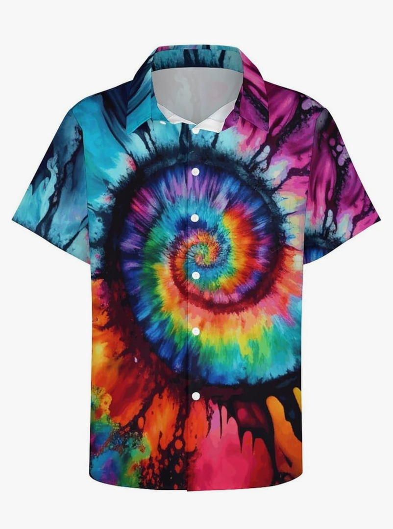TiwBski Hawaiian Tie Dye Style Shirts for Men Rainbow Print Button Down Shirt Short Sleeve 2XL