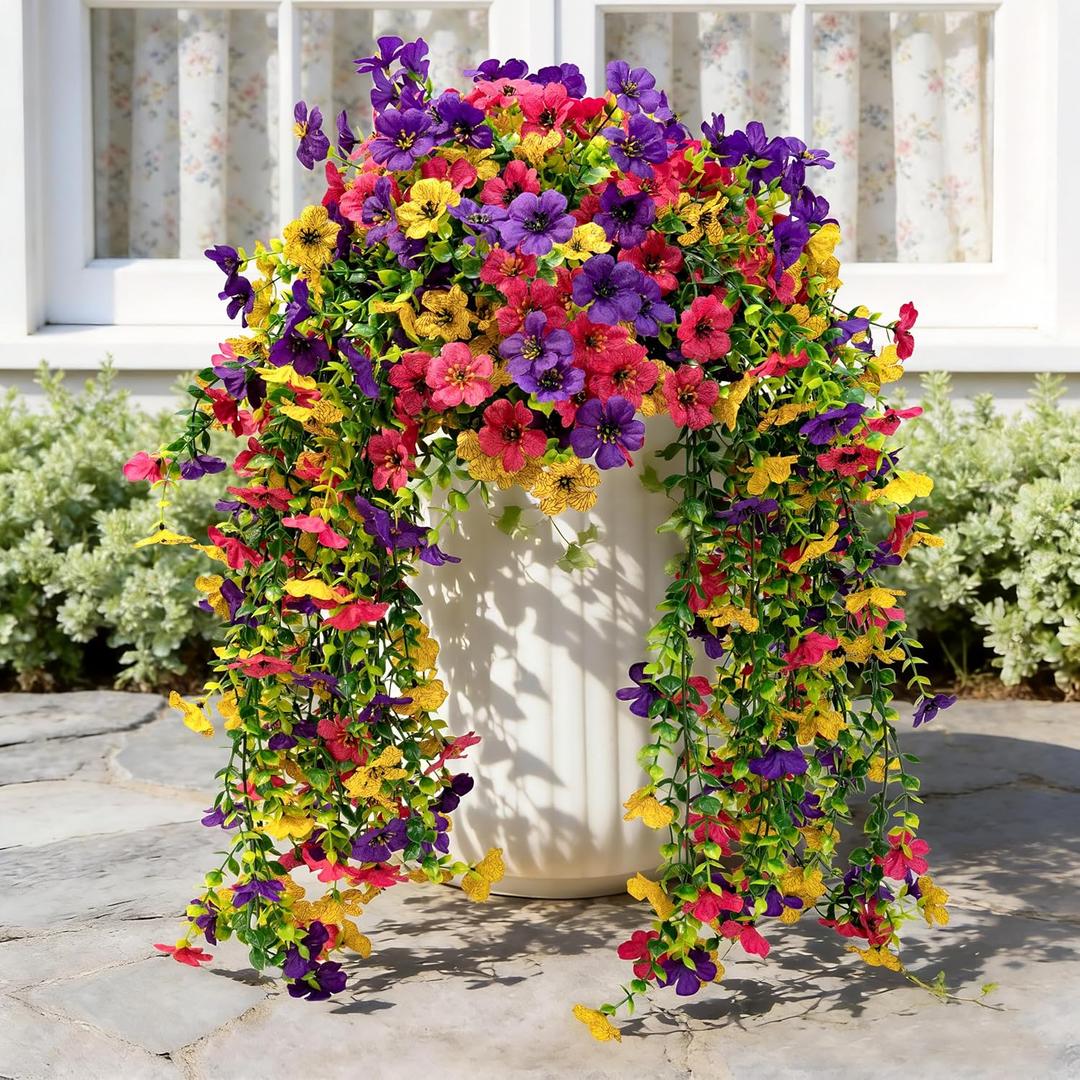 Artificial Hanging Flowers for Outdoors Faux Plants, 2PCS Artificial Outdoor Flowers for Spring Decor, UV Resistan Realistic Daisy Fake Hanging Plants for Indoor Planter Garden Porch(Vibrant Trio)
