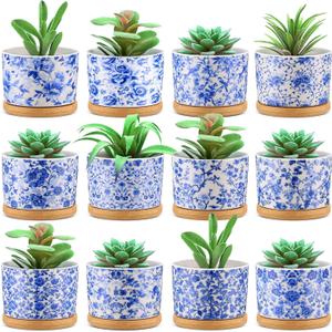 Maxdot 12 Pcs 3 Inch Ceramic Chinoiserie Succulent Pots Blue and White Mini Plant Cylinder Pots with Drainage Holes and Bamboo Trays for Indoor Plants Flowers Succulent Garden Decoration
