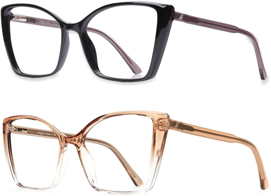2 Pack Blue Light Blocking Glasses for Women, Oversized Trendy Cat Eye Computer Gaming Glasses Anti Glare & UV Glare RF6204 (Black + Clear Gradient Brown Cateye Frame)