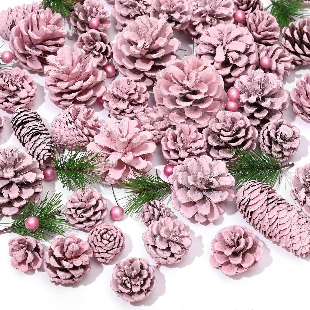 Whaline 170Pcs Christmas Pink Pine Cone Berry Pine Branch Set Pinecone Pendant Pink Winter Ornament for DIY Craft Home Decor Xmas Tree Gift Tag Party Supplies, Assorted Sizes