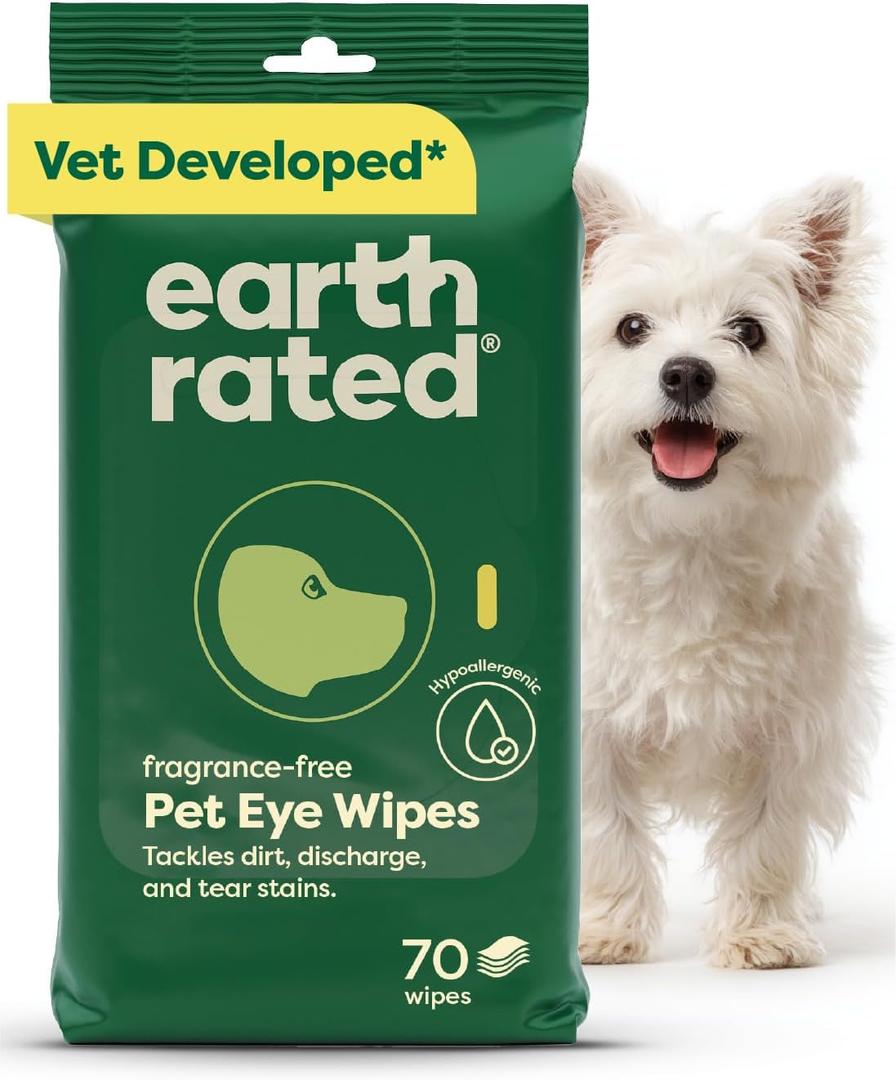 Earth Rated Vet-Developed Dog Eye Wipes, Hypoallergenic Pet Wipes for Dogs & Cats to Remove Dirt & Discharge, Fragrance Free, 70 Count