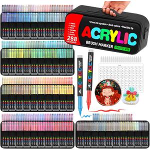 288 Colors Acrylic Paint Markers with Automatic Ink Control System, Soft Brush Tip Acrylic Markers for Paper, Rock, Wood, Canvas, Glass and Ceramic Art Supplies, Paint Pens & Paint Markers with Bag