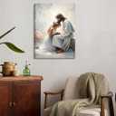 Framed Jesus And Girl Wall Art Modern Christian Praying Oil Poster Prints | Jesus Blessing the Flower Crowned Woman Wall Decor Pictures for Bedroom Church Ready to Hang 12x16in