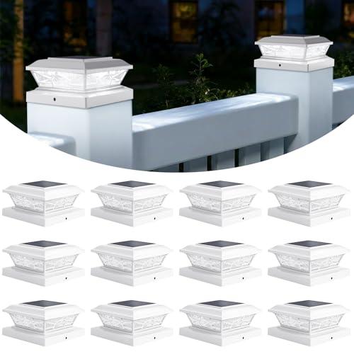 Brightever 4x4 3.5x3.5 Solar Post Cap Lights, 12-Pack Outdoor Solar Powered Fence Post Lights Fit Vinyl/Wood Posts, 2 Modes(Warm/Cool Light), Solar Waterproof Deck Post Lights for Garden, Patio, White