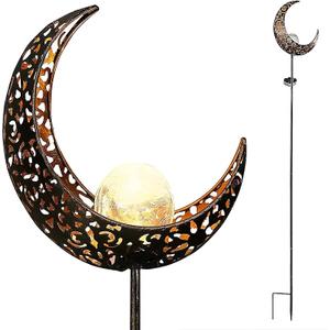 Starryfill Garden Solar Lights Outdoor Bronze Moon Crackle Glass Globe Stake Metal Lights Waterproof Warm White LED for Pathway Lawn Patio or Courtyard