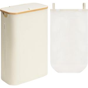 StorageWorks 60L Large Laundry Hamper with Lid, Tall Laundry Basket with Bamboo Handles and Removable Inner Bag, Collapsible Laundry Hamper for Clothing, Towels, Beige, 1-Pack