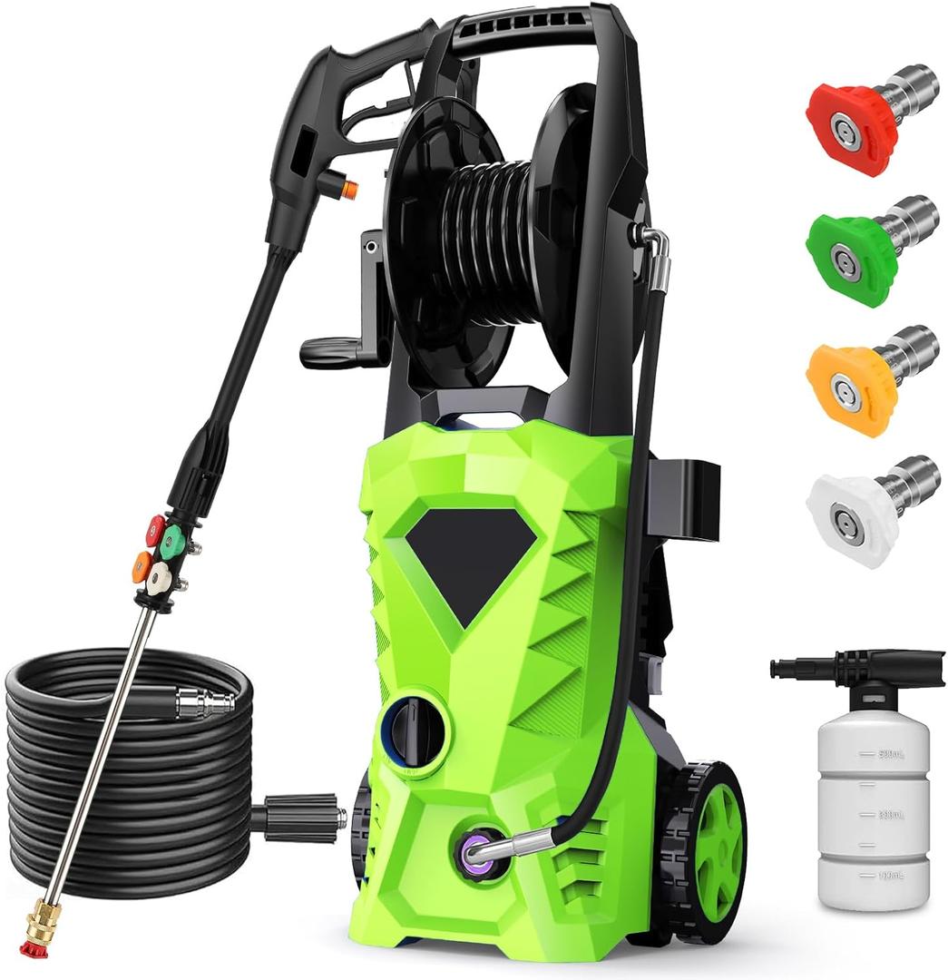 5000PSI Electric Pressure Washer - 2025 New Electric Power Washer with Upgraded 33ft Pressure Washer Hose Reel, Foam Cannon, 4 Nozzle Set, Power Washer for House/Patios/Car/Fence, Green (Green)
