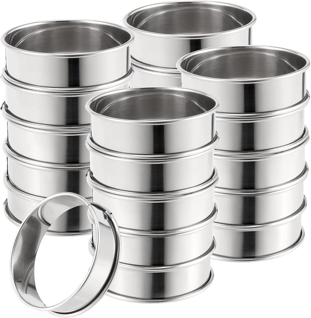 MUKCHAP 20 Pieces 3.15 Inch English Muffin Ring, Stainless Steel Double Rolled Tart Ring, Crumpet Mold for Home Baking, Cooking