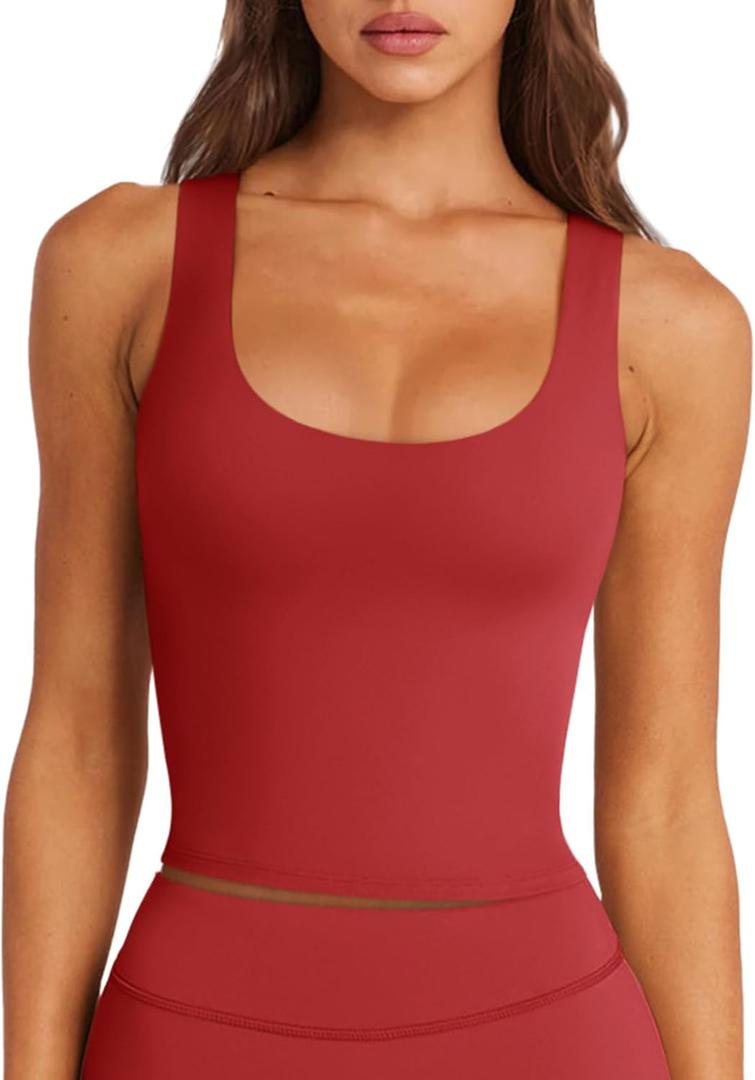 LASLULU Womens Sports Bras Padded Longline Sport Bra Gym Exercise Yoga Tops Cropped Athletic Workout Tank Tops with Built in Bra (Red, Small)