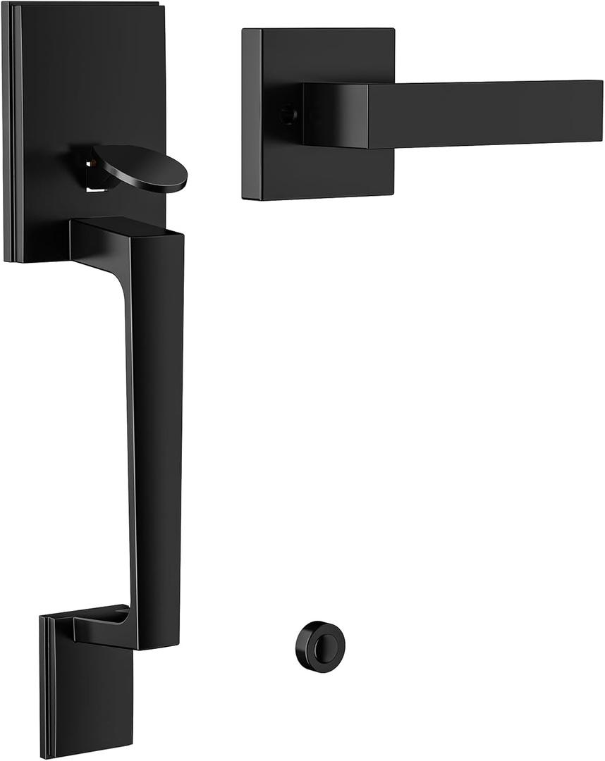Black Front Door Handle No Lock, Exterior Entry Door Handle with Interior Passage Levers, Front Door Lock Set for Left Right Handle Doors, Deadbolt Set Not Included, Non-Locking