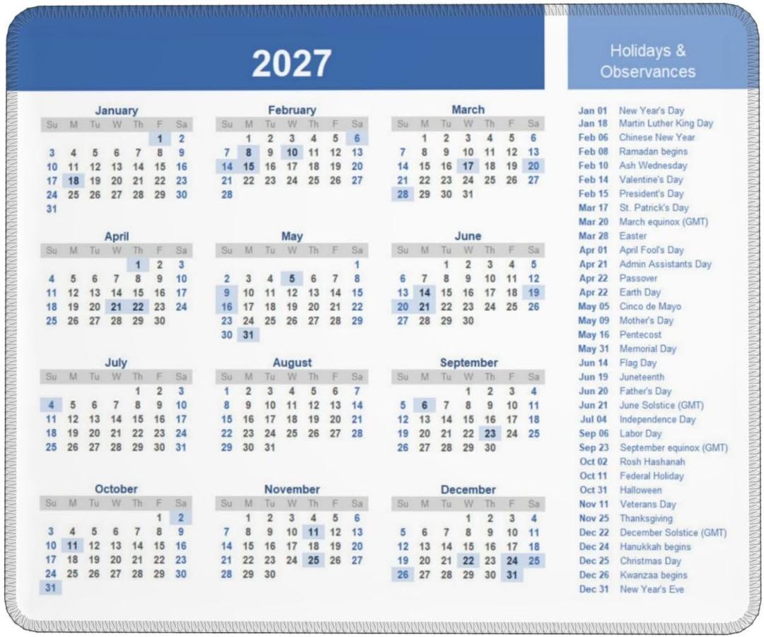 Mouse Pad 2027 Calendar with Holidays, Premium-Textured Mouse Mat with Non-Slip Rubber Base, Mousepad for Laptop Computer Office Desk Accessories