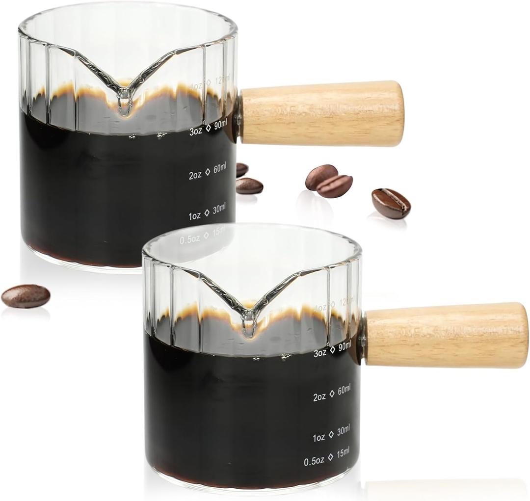 Espresso Cups Set of 2, 4 OZ Espresso Shot Glasses with Wood Handle, V-Shaped Spouts Cups, Ribbed Milk Frothing Pitcher, Glass Measuring Cup, Coffee Espresso Accessories, Demitasse Cups, Small (Clear)