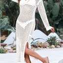 Saodimallsu Womens Crochet Swimsuit Cover Up V Neck Collared Long Sleeve Mesh Knit Long Beach Coverup Maxi Dress (White)