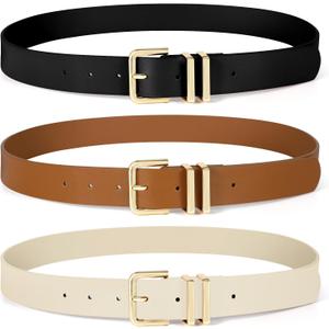 SUOSDEY 2 Pack 3 Pack Womens Fashion Leather Belts for Jeans Dresses Pants Black Brown Beige Ladies Belts with Gold Buckle (fits waist from 46"-49")