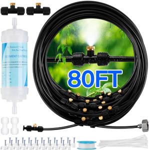 Misters for Outside Patio with Water Filter - 80Ft(24.5M) Misting System Line 30 Brass Mist Nozzles Brass Adapter(3/4") Patio Misters for Cooling Outdoor Greenhouse Backyard Porch Garden Party Pool