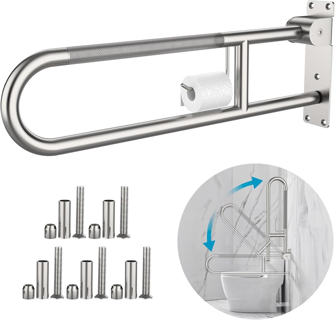 Toilet Grab Bar 30.3 Inch, Munzong Anti-Slip Handicap Grab Bars with Paper Holder, Flip-Up Bathroom Toilet Safety Rails, Stainless Steel Knurled Support handrails for Seniors Elderly Disabled Pregnant