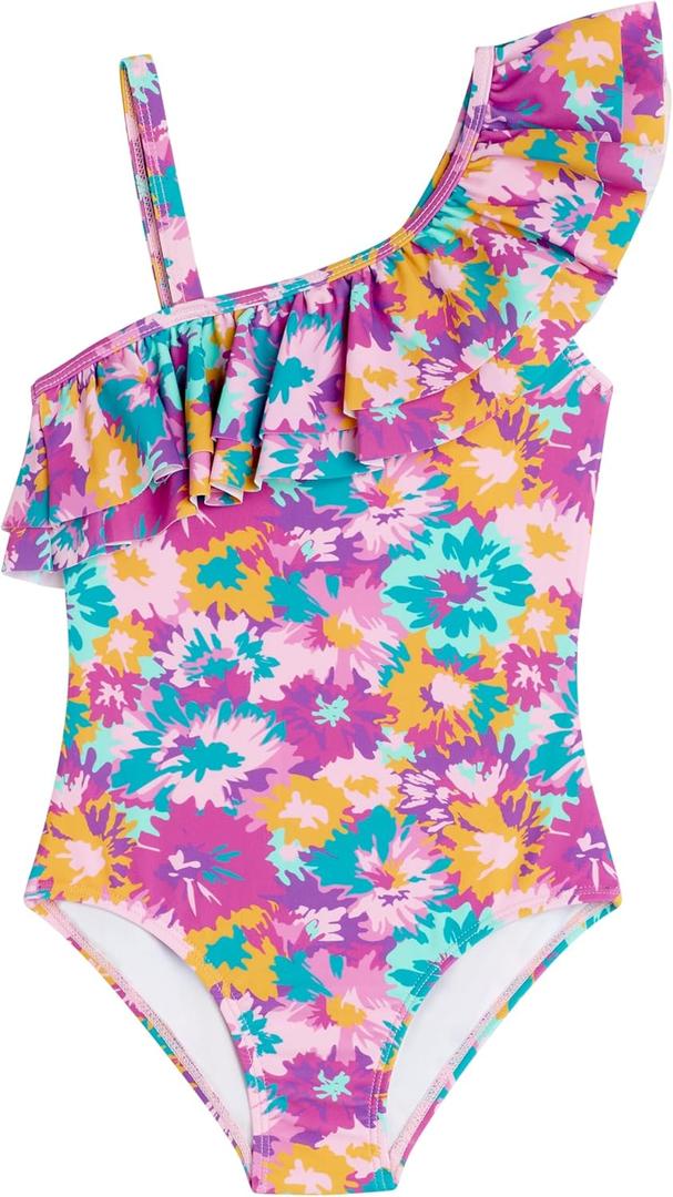 Kanu Surf Girls' Morgan Floral Ruffle 1-Shoulder 1-Piece Swimsuit (5, River Purple)