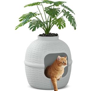 Hidden Box with Faux Plant, Large Cat Litter Box with Rattan Pattern, Heavy Duty PP Material Litter Box Enclosure Furniture for Home Decor, Light Grey