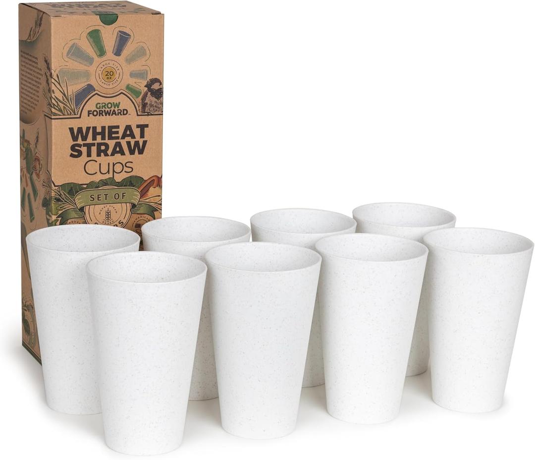 Grow Forward Premium Wheat Straw Cups - 20 oz Unbreakable BPA Free Hard Plastic Cups - Reusable Lightweight Plastic Drinking Glasses for Kitchen, Outdoor, Water, Camping, RV - Arctic