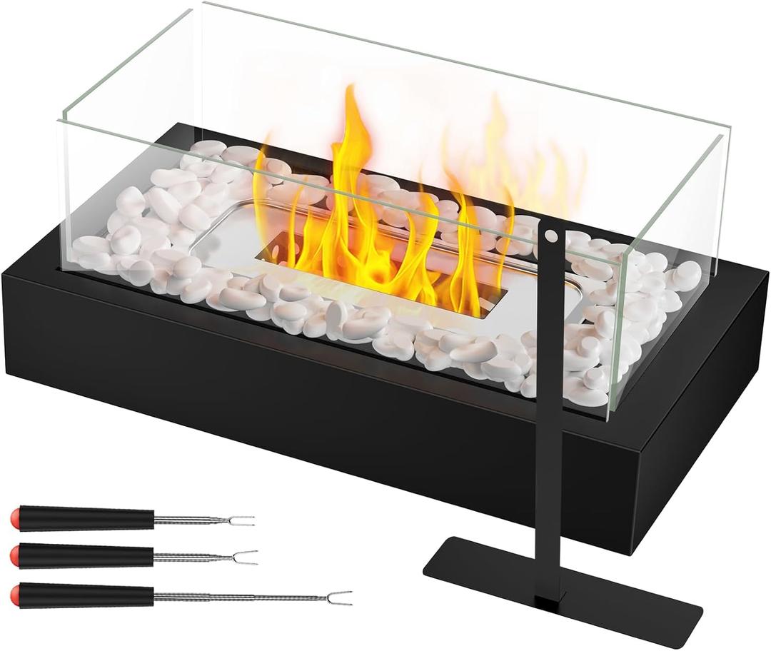 Tabletop Fire Pit, Portable Smores Maker Kit Indoor/Outdoor Mini Small Fireplace Table Top Decor Home Patio Gifts for Women Mom Housewarming Christmas Birthday White Elephant Gift (Black)