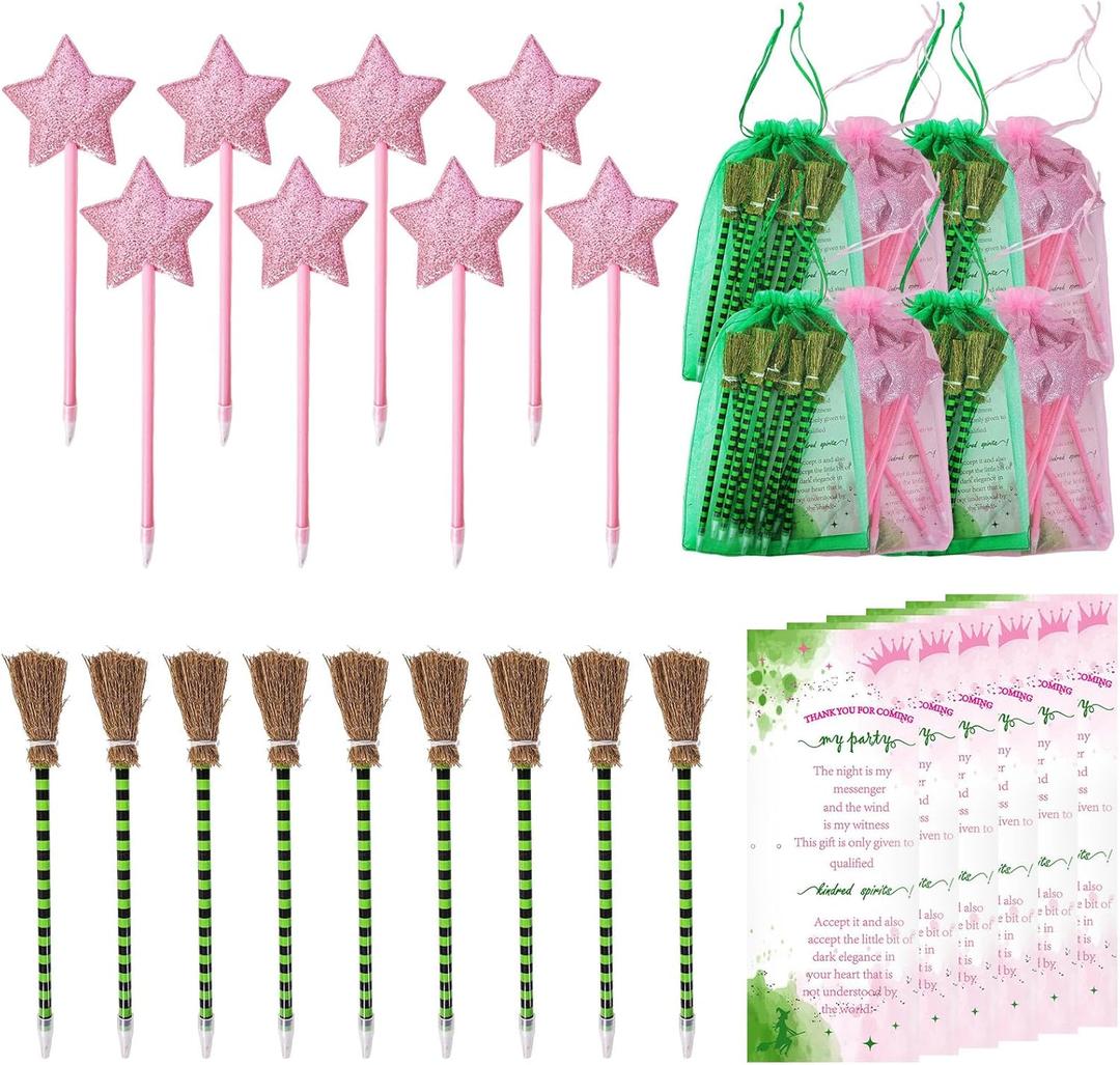 12 Set Princess and Witch Gift Bulk Including 12 Pcs Pink Pentagram Wand Star Ballpoints and 12 Pcs Green Stripes Witch Broom Pens With Organza Bags for Halloween Party Favors Supplies Decorations