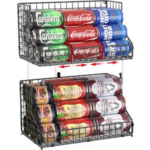Stackable Can Organizer for Pantry,2 Tier Soda Can Organizer with 4 Adjustable Dividers Holds 42 Cans,Can Storage Rack Holder for Canned Goods,Can Dispenser for Refrigerator,Fridge,Countertop,2 Pack (2 Pack Widen With Dividers, Black)