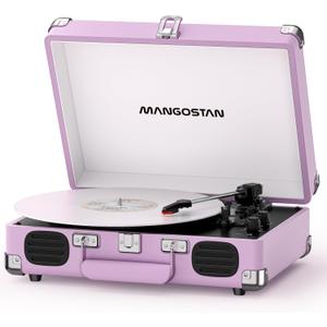 Purple Bluetooth Suitcase Record Player, 3-Speed Turntable | Vintage purple suitcase style with Bluetooth, 3-speed playback, built-in speakers, auto stop, AUX, RCA and headphone jack.