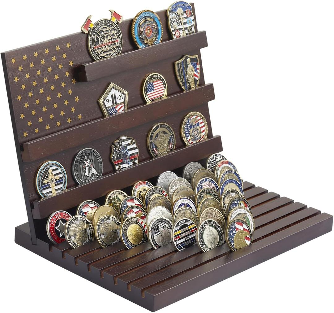 PiaoHao Challenge Coin Display, Military Coin Holder Display, Solid Wood 11 Rows Holds 80 Coins, Deep Grooved Anti-Slip Design, Collector Grade Desk Display for Veterans & Gifts (Walnut)