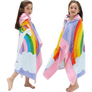 BANGSAUR Kids Hooded Beach Towels, 100% Cotton 50x30 inches Bath Pool Swiming Towel Wrap, Toddlers Girls 3-12 Years Coverup Rainbow Unicorn N