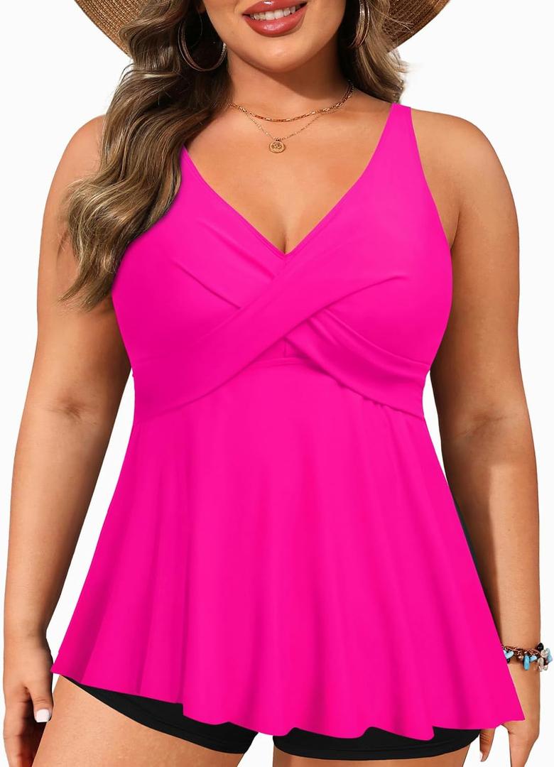 Plus Size Tankini Top Only - Flowy Bathing Suits Top Plus Size Swim Top 2025 Modest Swimsuits Top (Pink),20W