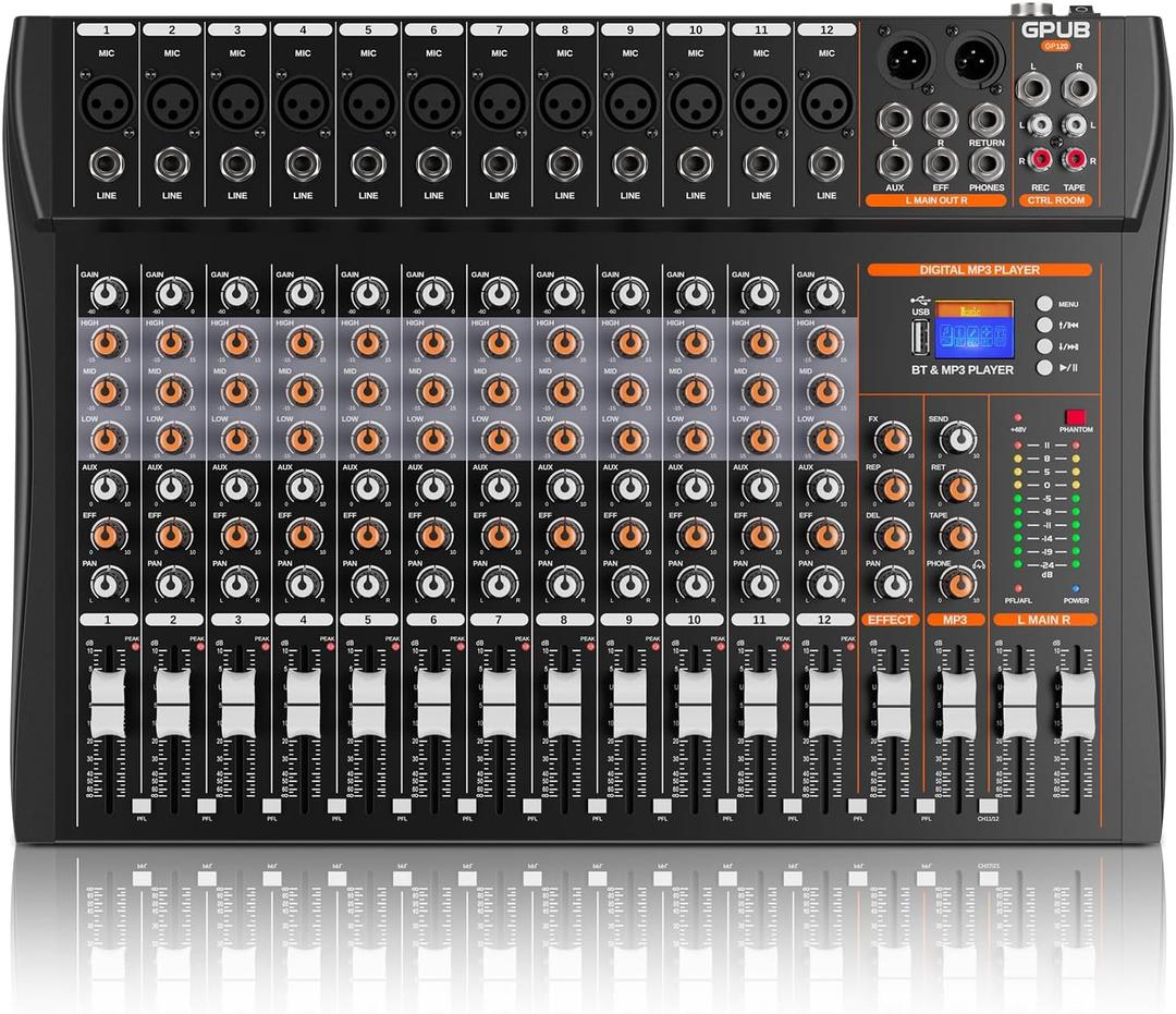 Audio Mixer Sound Board, Bluetooth Music Mixing Board (12 Channels)