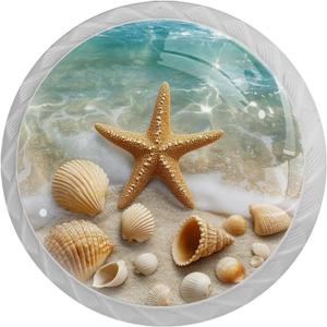 4 Pack Cabinet Knobs, Starfish Shell Beach White Knobs with Screws Round Furniture Drawer Pulls Handle for Dresser Cupboard Wardrobe Closet Hardware