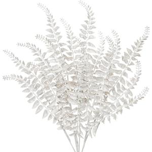 DILATATA 6Pcs Christmas Glitter Leaves Boston Fern Leaves 25" Artificial White Fern Leaf Picks Sprays Giltter Stems for Christmas Tree DIY Xmas Wreath Garland Home Decor - White
