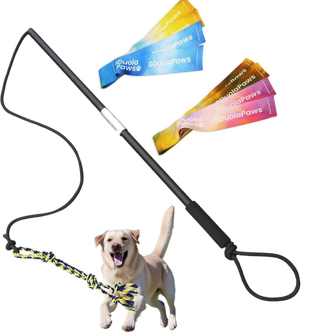 Flirt Pole for Dogs,Heavy Duty 4 Pieces Set with 3 Lures,Interactive Teaser Wand for Small Medium Large Pets, Durable Flirt Stick for Chase,Outdoor Tether Play,Exercise,Training