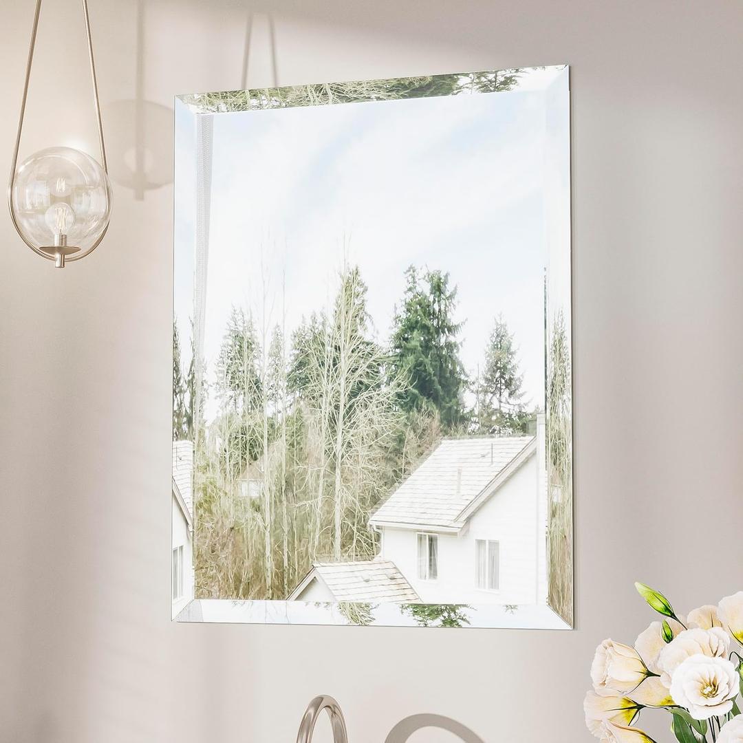 Keonjinn 16 x 24 Inch Frameless Bathroom Mirror, Beveled Mirrors for Bathroom Sink, Shatterproof Wall Mirror, Modern Decorative for Living Room, Entryway, Bedroom, Horizontal/Vertical
