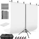 White Backdrop with Stand, 6x9 ft White Photo Backdrop Curtain with 6.3x6.5 ft Background Stand, Portable Back Drop Support Kit with Carrying Bag, 5 Strong Spring Clamps