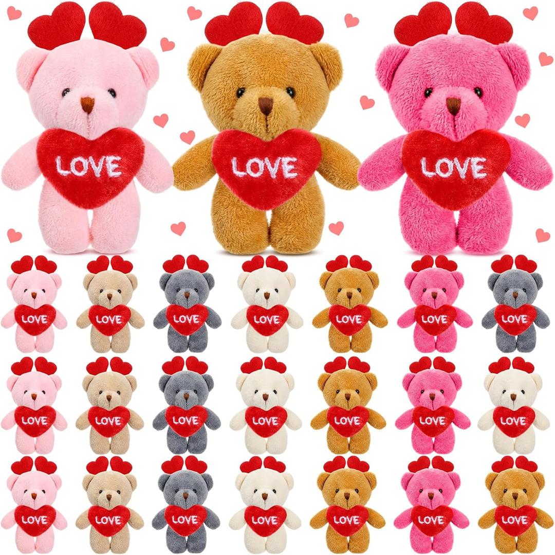 Gejoy 24 Pcs Valentines Day Gifts for Kids Mini Valentines Stuffed Animal Small Plush Keychain with Love Heart Classroom Party Favors(Bear)