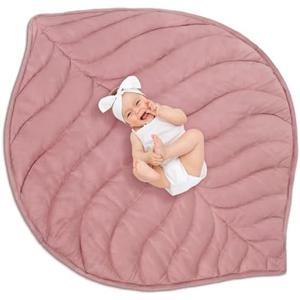 Funtery Baby Play Mat 56 x 42 Inch Cotton Crawling Cushion Cotton Nursery Rug Large Thick Soft Reversible Washable Folding Floor Playpen Mat Nursery Decor Rug for Girls Boys (Pink, Leaf)