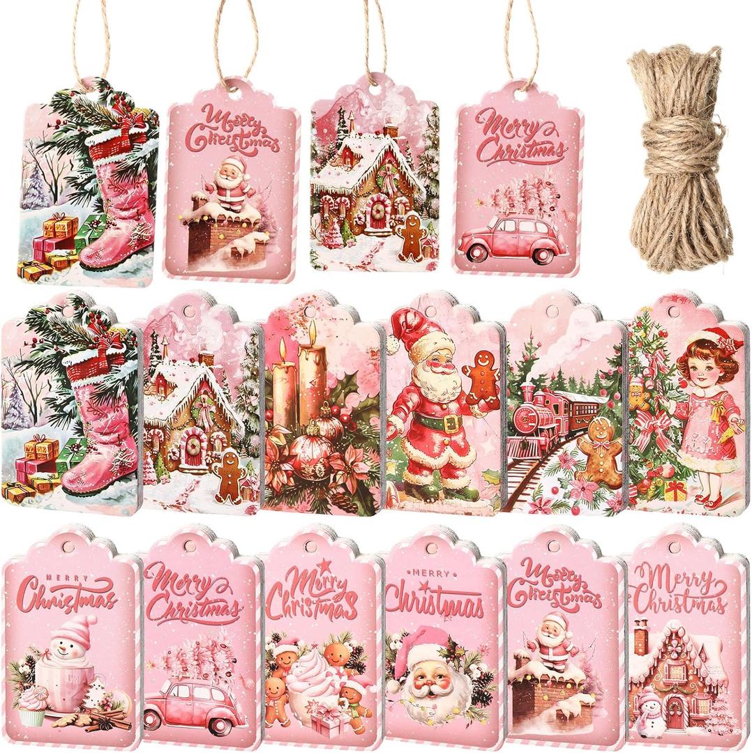120 Pcs Pink Vintage Christmas Paper Gift Tags with String Winter Gift Hanging Paper Tags for Christmas Tree Winter Holiday Wish Labels