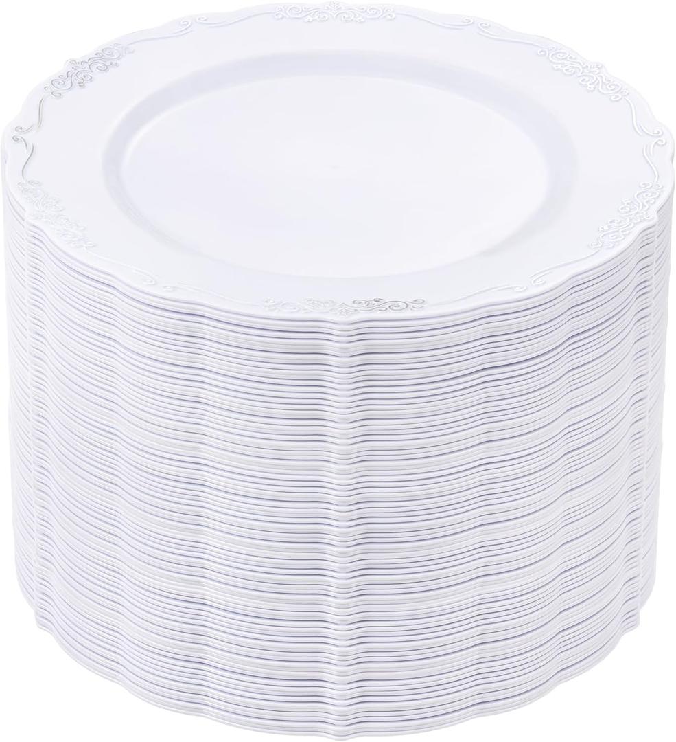 DaYammi 60PCS White and Silver Plastic Plates, Heavy Duty White and Silver Disposable Plates Premium 10inch White Dinner Plates Hard Plastic Plates Disposable for Party Wedding Bridal Shower
