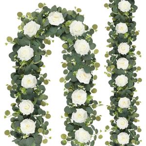 MACTING 2 Pack 13.2FT Flower Garland with 24 White Roses - Spring Gypsophila Eucalyptus Garlands Artificial Floral Greenery Vines for Arch Table Centerpieces Backdrop Party Home Wedding Decorations