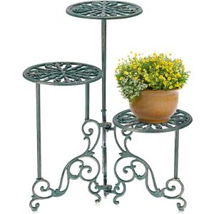 OwnMy 3 Tier Heavy Duty Cast Iron Plant Stand Foldable Wrought Iron Flower Pot Holder, Indoor Outdoor Tall Plant Stand Shelf for Garden Patio, Decorative Round Metal Plant Display Rack, Antique Green