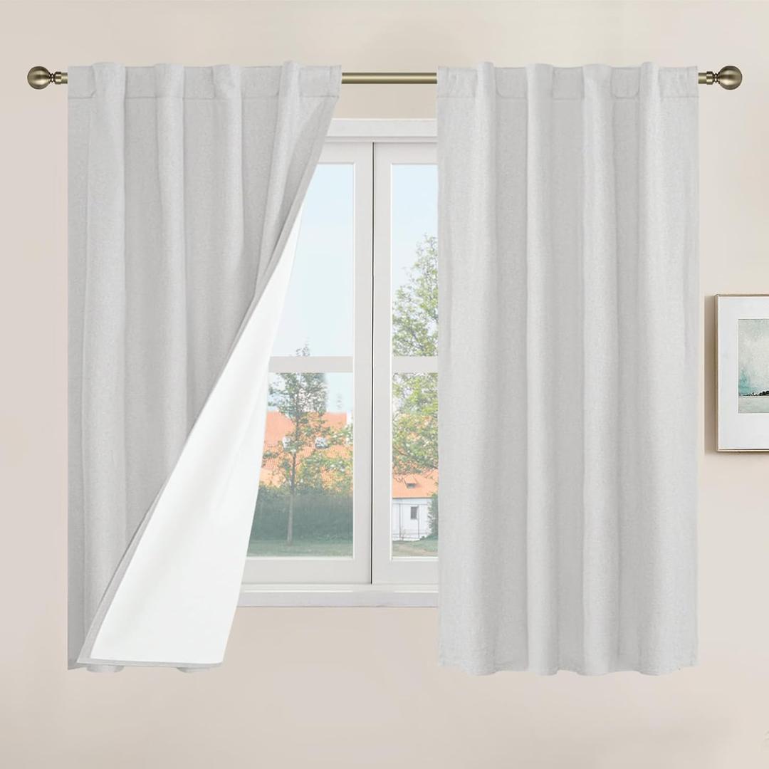 LAMIT Short Window Linen Curtains 48 Inch Length 2 Panels, 100% Blackout Linen Textured Thermal Curtains Back Tab and Rod Pocket Neutral Panels with White Liner for Bedroom, 34 x 48 Inch, Light Grey