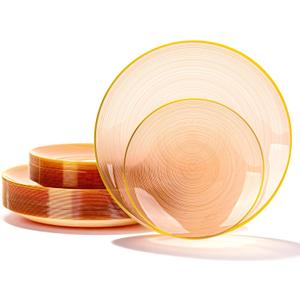N9R 60PCS Orange Plastic Plates with Gold Rim, Elegant Disposable Plates, Circular Ribbed Design, 30 Dinner & 30 Dessert Plate for Parties, Weddings, Banquets and Events (Translucent Orange)